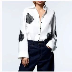 ZARA Woman Beaded Linen Top Oyster White Black Button Down